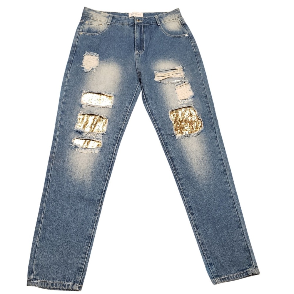 STA CHIC Distressed Denim Jeans Gold‎ Sequins Ripped Wash Women's Size L